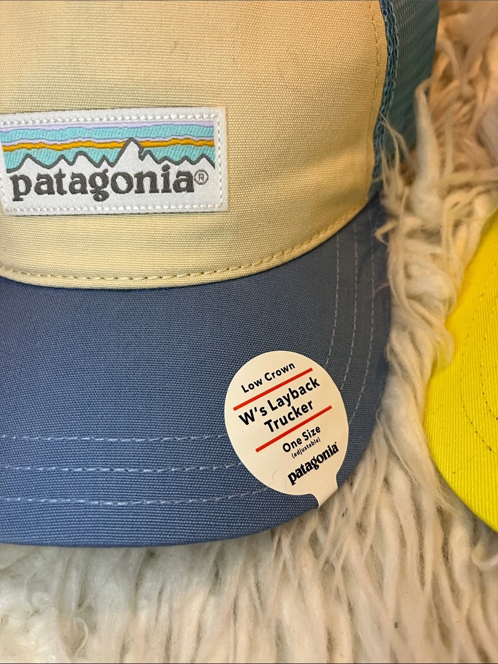 NWT Patagonia Cream and Blue  + Leadville Bright Yellow Trucker Hat Bundle
